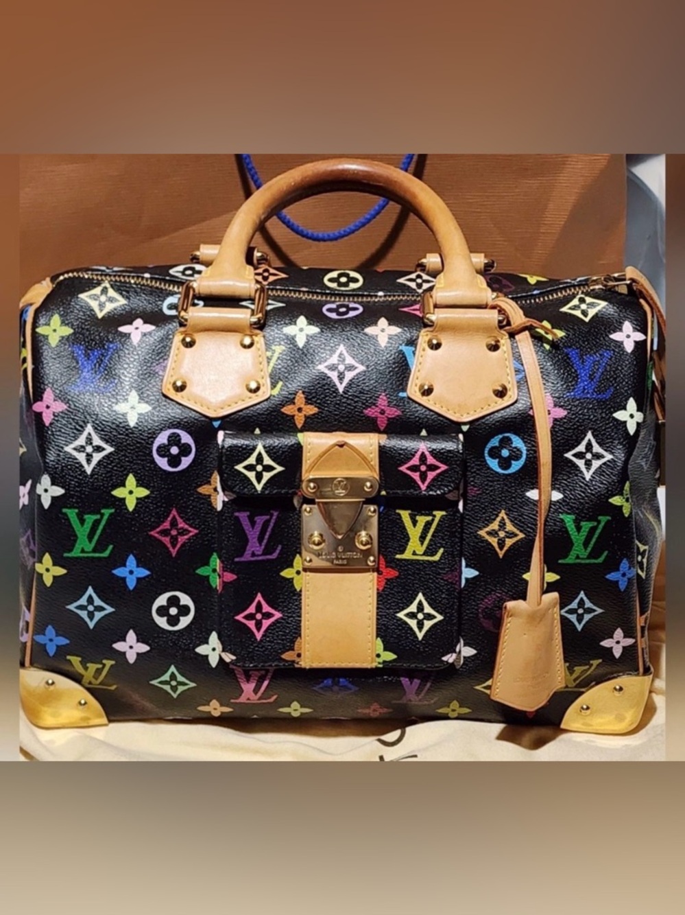 Louis Vuitton Black Multicolor Monogram Canvas Satchel with Natural Leather Trim